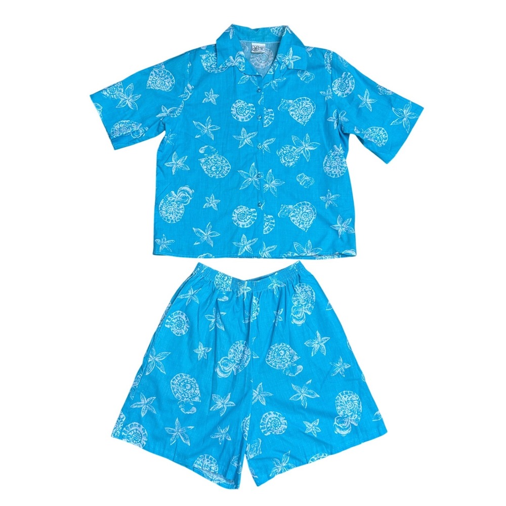 Vintage Blue Seashell Starfish Shirt and Shorts Set Large coastal beach vacation